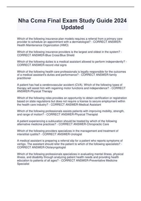 Nha Ccma Final Exam Study Guide 2024 Updated - CCMA - Stuvia US