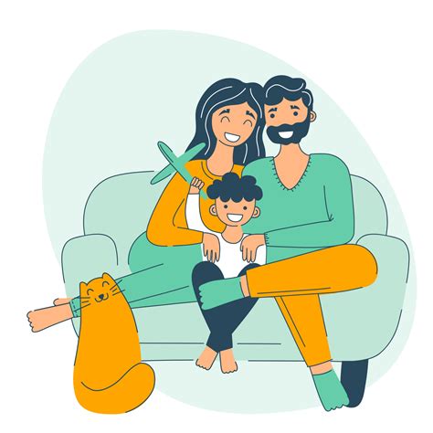 Father mother and son together. Sitting on sofa hug and smiling. Happy ...