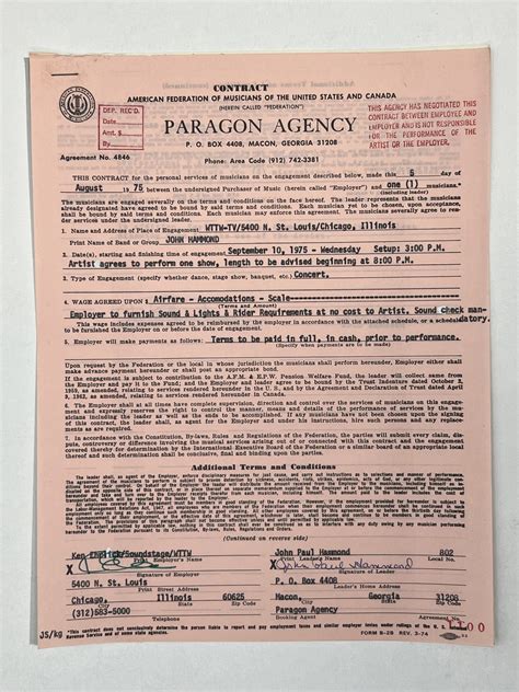 John Hammond Concert Contract 1975 Chicago IL | Visible Vibrations