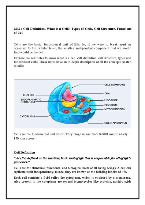 Cells Short notes - Cells CELL : Cell Definition, What is a Cell ...