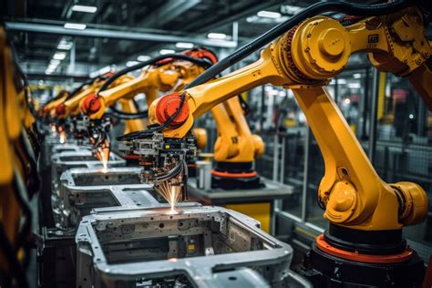Robotic arms work on a car in a factory, an example of industrial AI