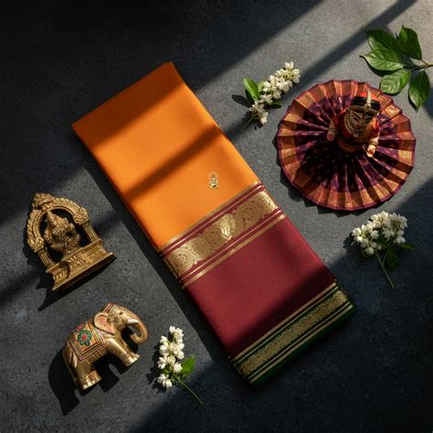 Orange and Maroon Mysore Silk Saree with Gold Border - Kuberan Silks