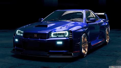 Blue modified nissan skyline r34 4K wallpaper download