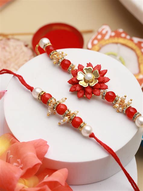 Priyaasi Red Flower Beaded Rakhi Set with a Pack of Open Secret Chocol