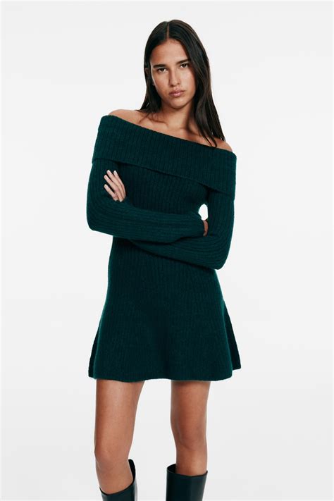 Women's Dark green Rib-knit off-the-shoulder dress | H&M IN