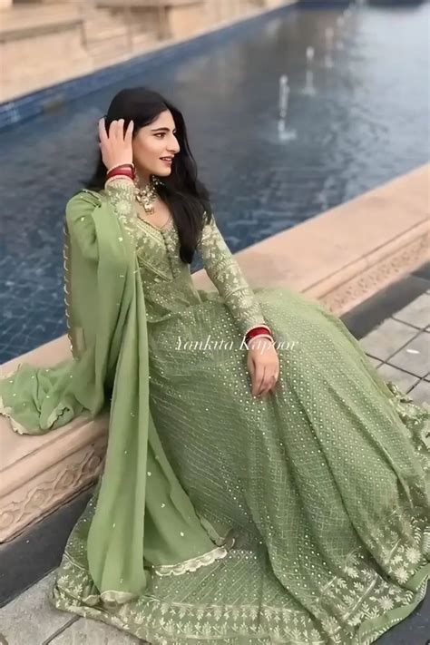 Long Green Gown with Dupatta for Wedding Collection