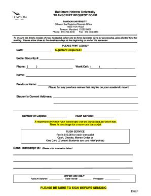 Baltimore Hebrew University Transcript Request Form - Towson ...