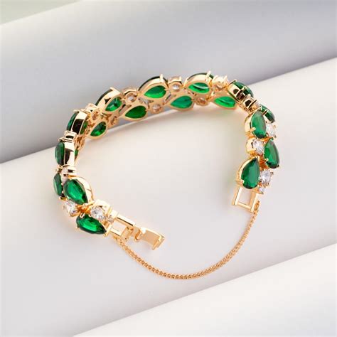Gold Plated Bracelet with Green and White Crystals - Emerald Green ...
