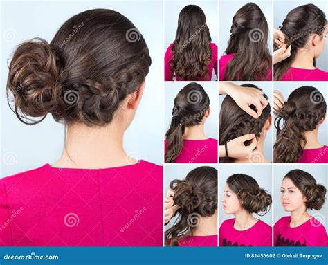 Hairstyle Bun and Plait on Curly Hair Tutorial Stock Photo - Image of ...