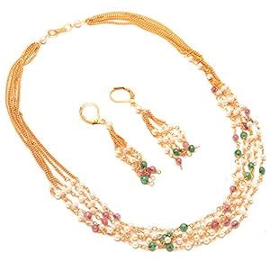 Jewar Mandi 5 Line Pearl Necklace Set Simple Look Red Green Stones ...