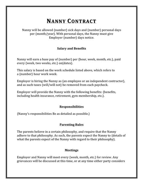 Nanny contract sample in Word and Pdf formats