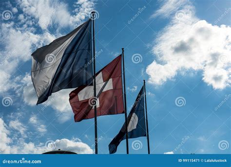Swiss National and Zurich Canton Flag with Blue Cloudy Sky Stock Image - Image of august ...