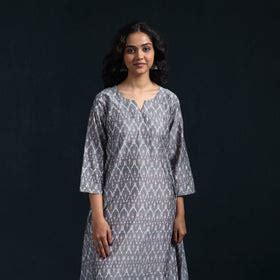 Grey Mercerised Cotton A-Line Pochampally Ikat Long Kurta for women