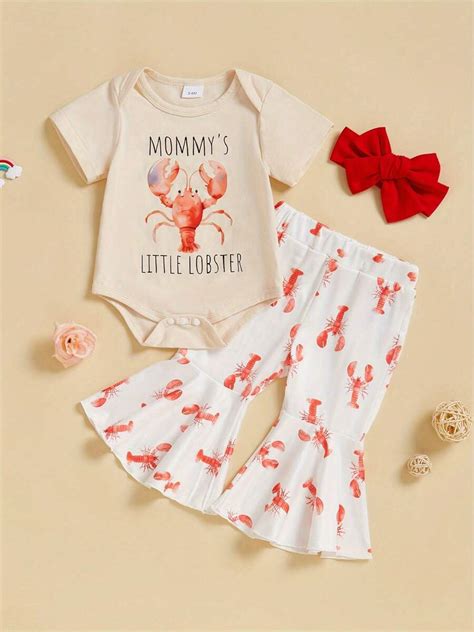 Baby Girl Crawfish Outfit Lobster Print Short Sleeve Romper Flare Pants ...