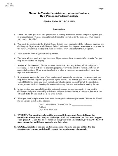 Fillable Online Motion to Vacate, Set Aside, or Correct a Sentence by a ...