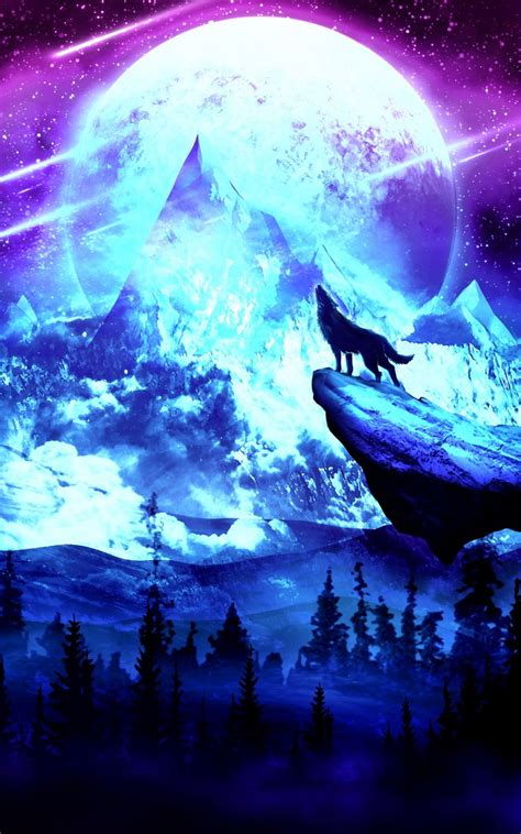 Download wallpaper 800x1280 wolf, moon, night, mountains, art samsung ...