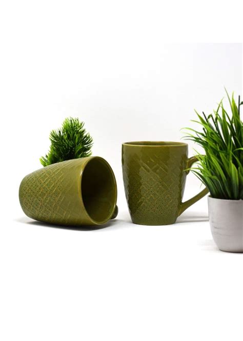 Get Olive Green Textured Mugs- Set of 2 at ₹ 499 | LBB Shop