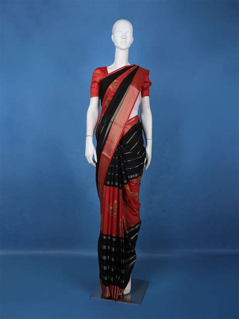 Black Floral And Striped Design Semi Tussar Saree | Diadem