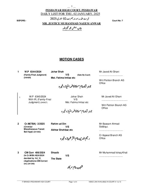 Fillable Online Peshawar High Court Daily List for January 2, 2025 Fax ...