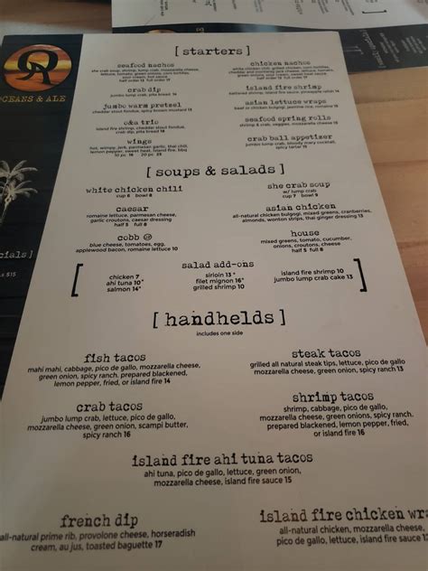 Menu at Oceans & Ale pub & bar, Williamsburg, Richmond Rd