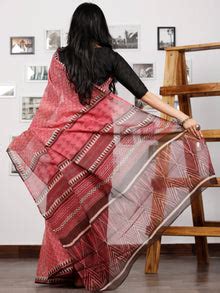 Pink Brown Ivory Hand Block Printed Kota Doria Saree in Natural Colors ...