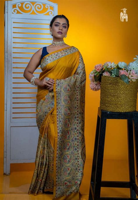 Buy Corn Yellow Madhubani Print Saree & Get Free Delivery