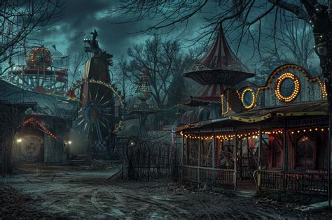 A creepy carnival with twisted rides and eerie atmosphere under the ...