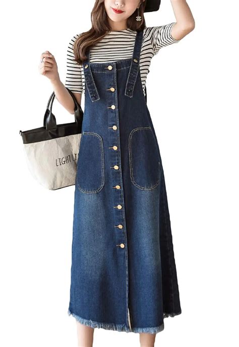 Flygo Womens Button Front Midi Long Denim Jean Jumpers Overall Pinafore ...