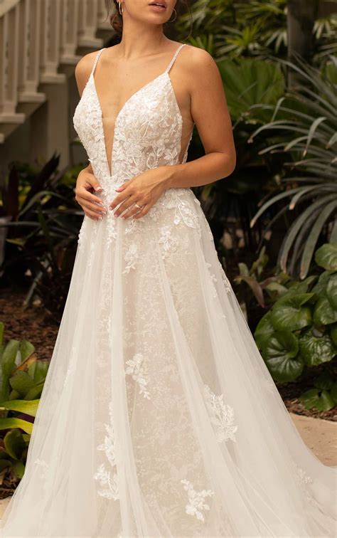 Dreamy Spaghetti Strap Lace Wedding Dress with Plunging Neckline