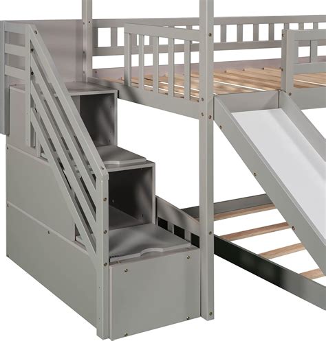 Buy Kids Bunk Bed with Slide, Cabin Twin Bunk Bed with Stairs, House ...