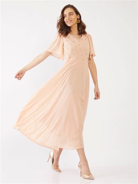 Buy Peach Embellished Flared Sleeve Maxi For Women Online - Zink London