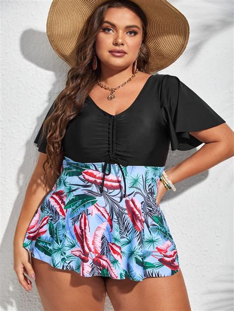 Plus Size Tropical Print Drawstring Front High Waisted Tankini With ...