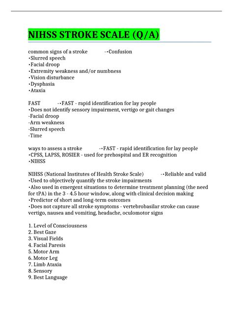 NIHSS STROKE SCALE (Q/A) - NIHSS STROKE SCALE - Stuvia US