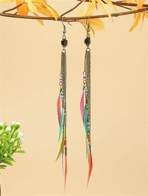 1pair Multicolored Feather Chain Tassel Earrings For Women, Suitable ...
