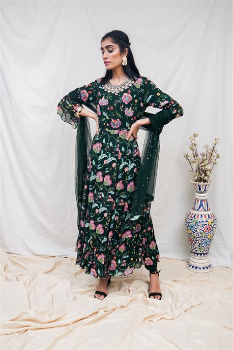 Bottle green anarkali set with an embroidered yoke and dupattta – KRUPA ...