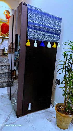 Blue Tribal Fridge Cover with White Blue & Yellow Tassel | Throwpillow