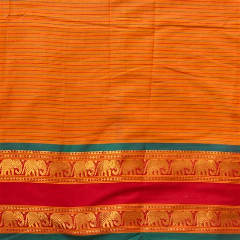 Pure Cotton Handloom orange With Stripe And Elephant Border Design Wov ...