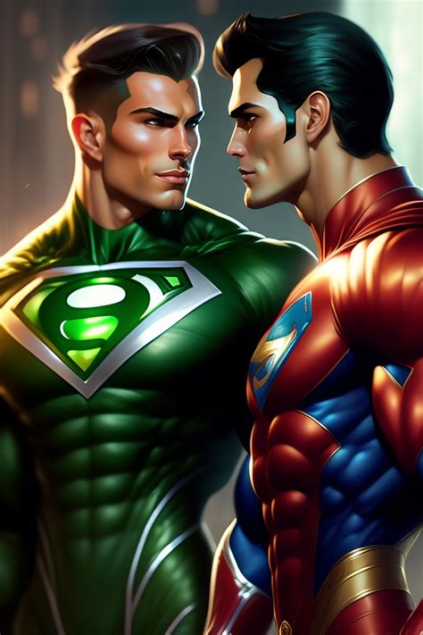Lexica - Two thin muscular superheroes green lantern and superman gay romance ,sharp details ...