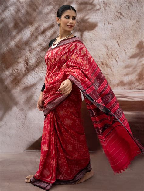 Buy Sambalpuri Handwoven Ikat Soft Cotton Saree - Lal Paata Online