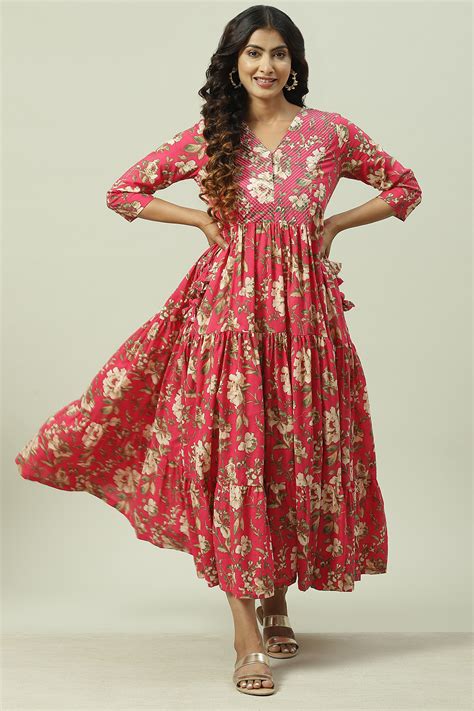 Buy Pink Cotton Tiered Printed Dress Online at Biba India