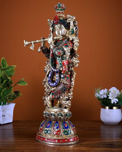 Brass Lord Krishna Statue with Stonework 21 inch tall – Budhshiv.com