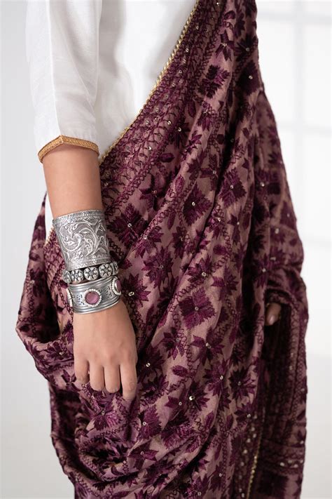 Phulkari Dupatta by Mystic Loom for women// Purple Phulkari sea silk ...