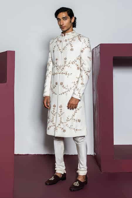 Buy Ivory Jacquard Beads Textured Glass Embroidered Sherwani Set For ...