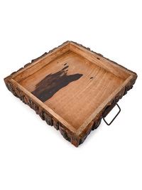 Mango wood crafted square wooden serving tray with natural bark edge