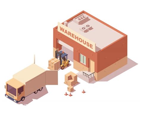 Entrepôt isométrique avec camion, chariot élévateur et boîtes de ...
