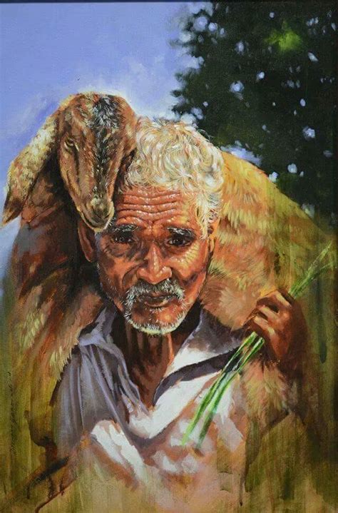 "Farmer With Goat": Light Brown Oil Painting by Jitendra Gaikwad ...