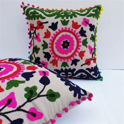 Cotton Cushion Cover - Suzani Floral Embroidered Round Cotton Cushion ...