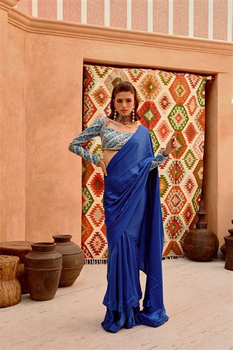 Cobalt blue drape saree with 'PRINCESS' blouse – Pallavi Jaipur