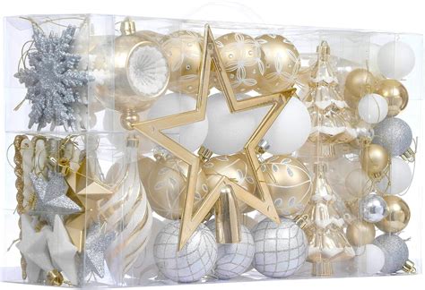 Valery Madelyn 100ct Christmas Ornaments, White and Gold Shatterproof ...