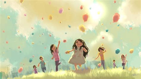 Wallpaper children, jump, run, grass, holiday, balloons hd, picture, image